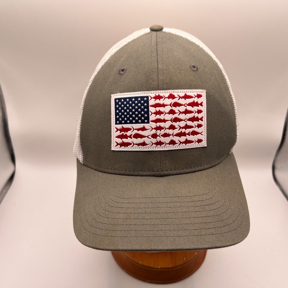 Columbia PFG Mesh Ball Cap Hat Olive Green Fish American Flag L/XL CU0117